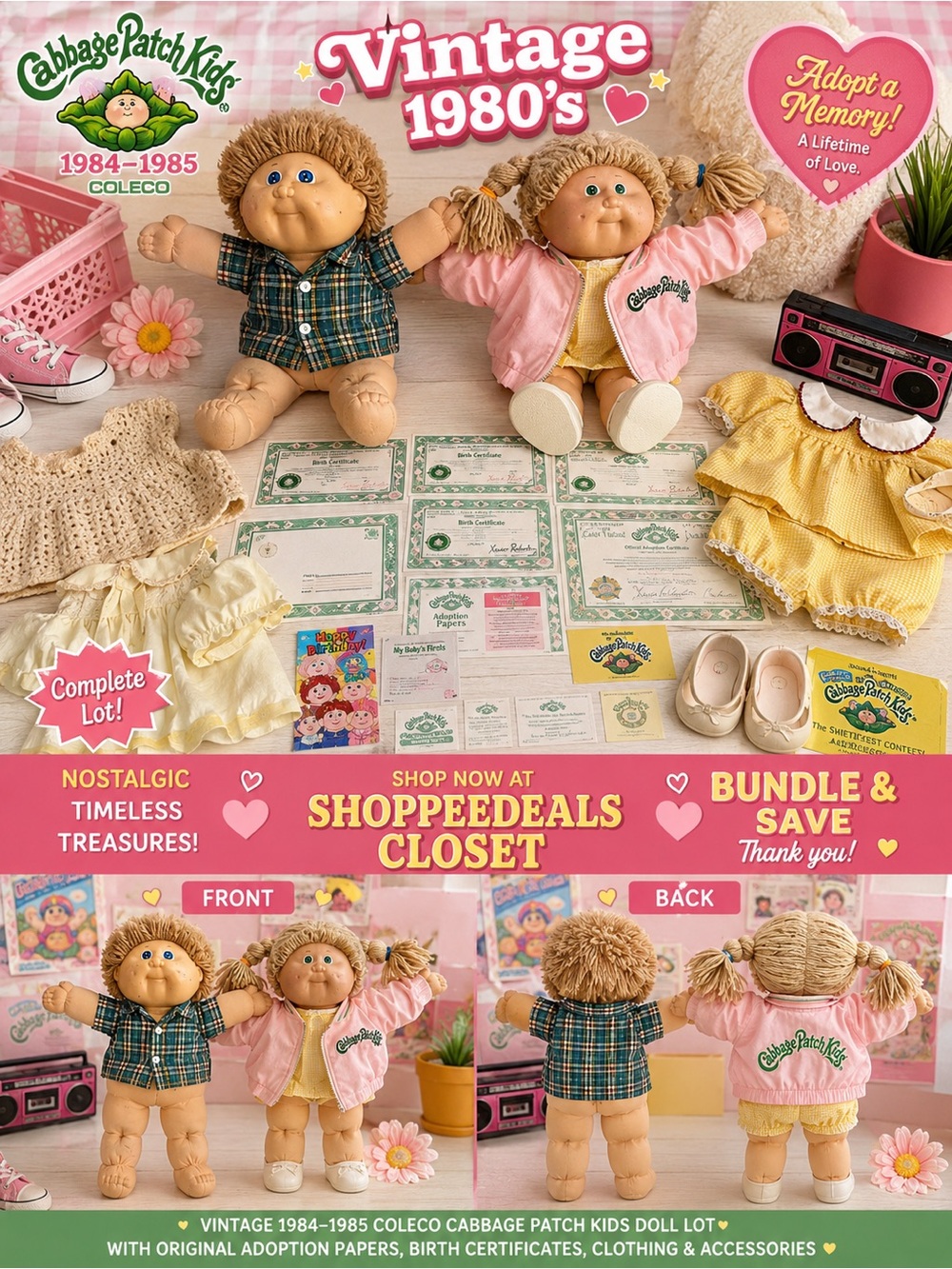 Vintage 1984–1985 Coleco Cabbage Patch Kids Doll Lot w/ Adoption Papers, etc.